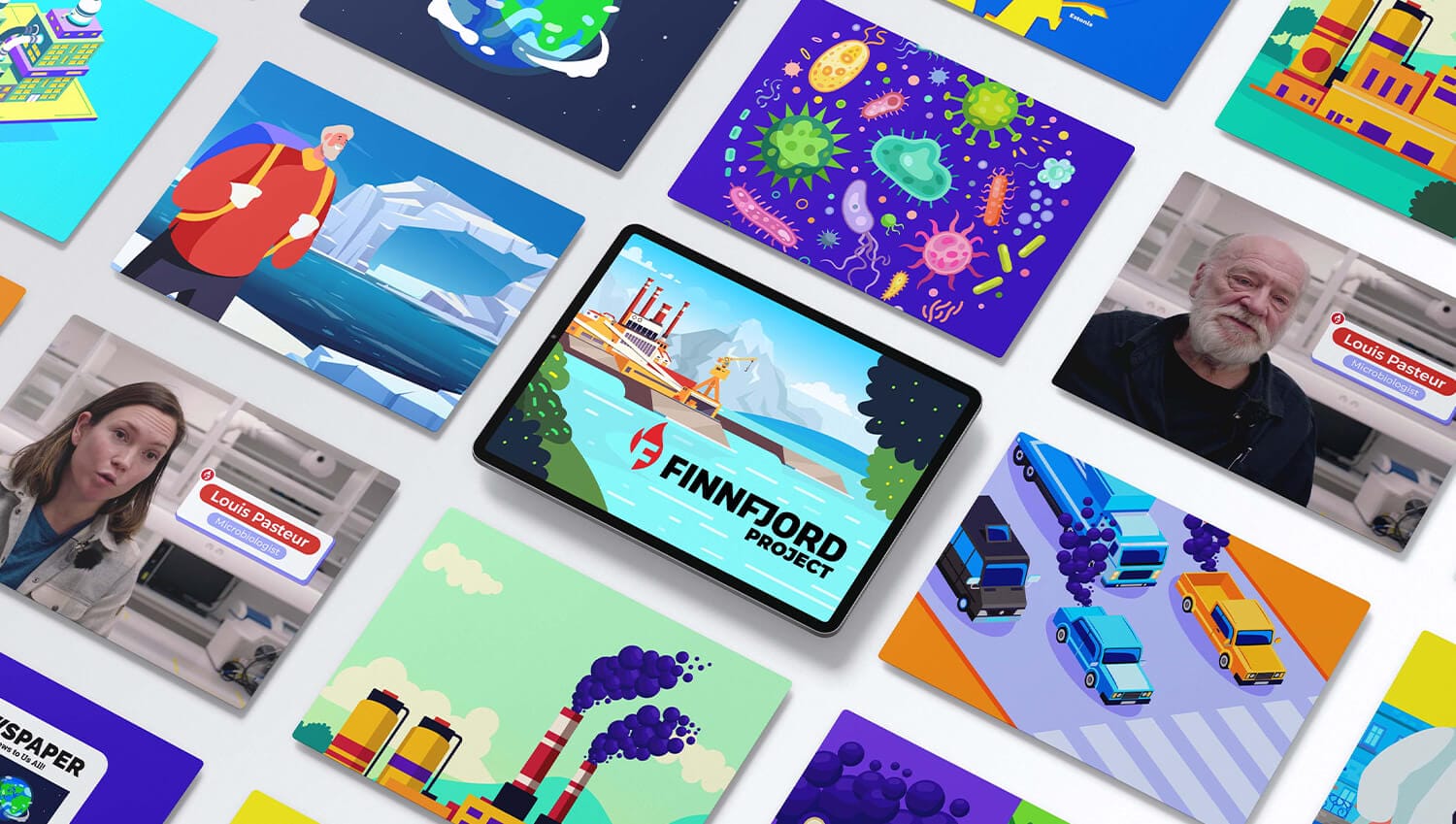 A group of colorful ipads with a variety of images on them.