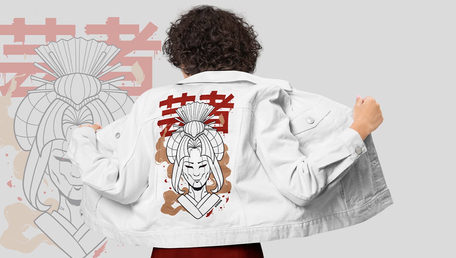 A woman wearing a white jacket with chinese writing on it.