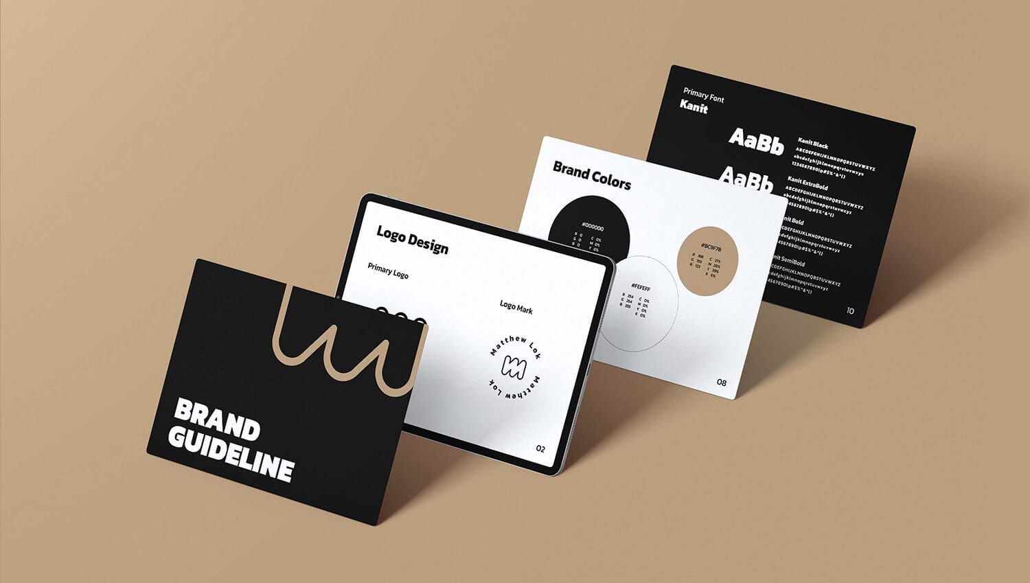 A set of black and white business cards on a beige background.