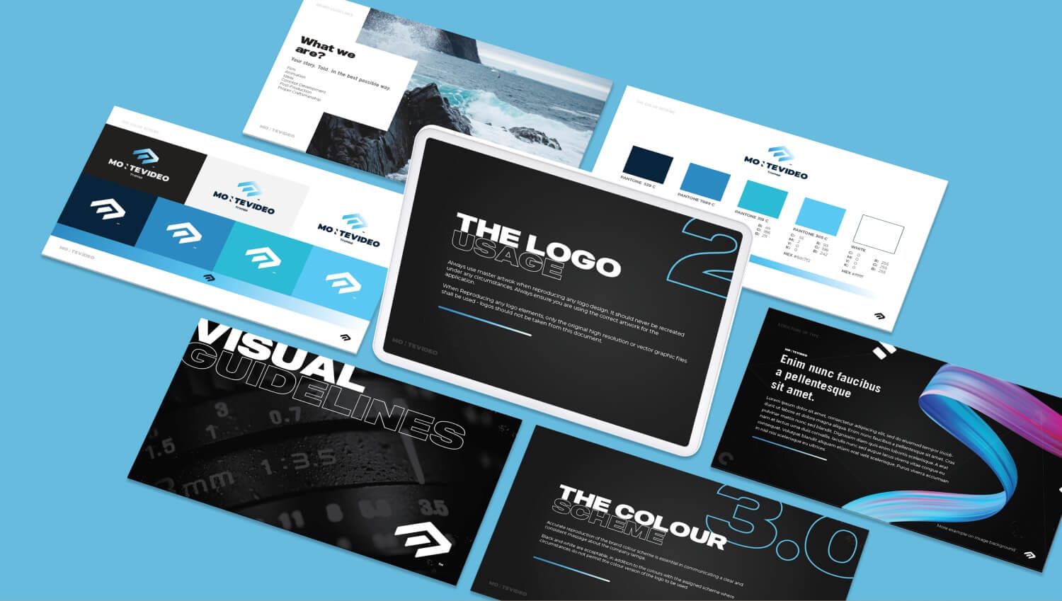 A blue and black powerpoint template with a logo on it.