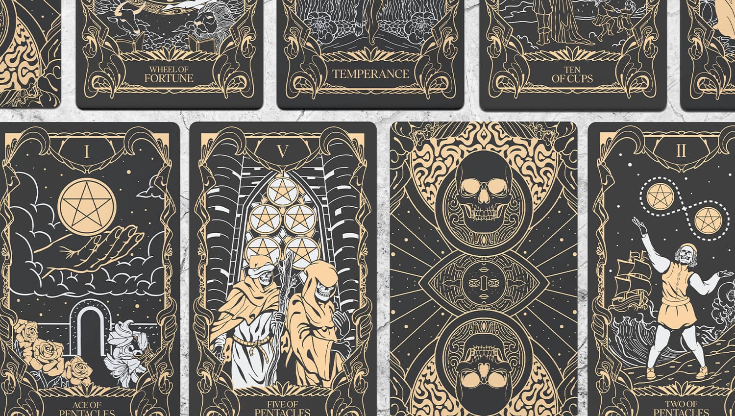 The tarot cards are shown in black and gold.
