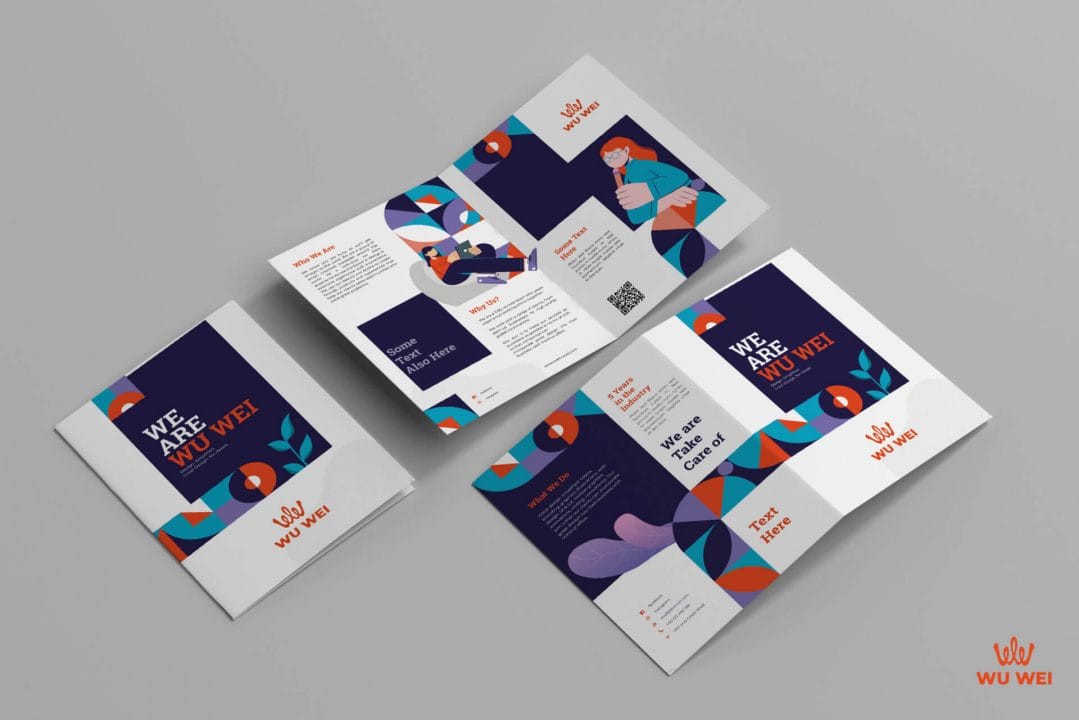 A tri fold brochure with colorful geometric shapes.