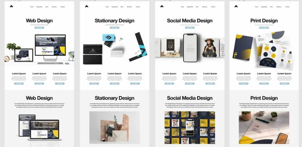 A collection of web pages with different colors and designs, created for metalabs.